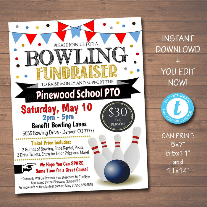 Bowling Fundraiser Event Flyer - Editable Template