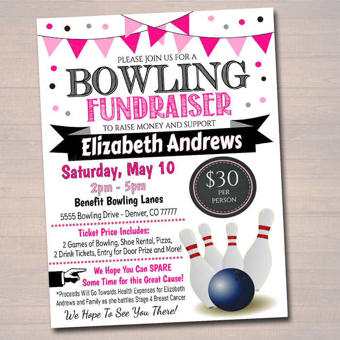 Cancer Bowling Fundraiser Event Flyer - Editable Template