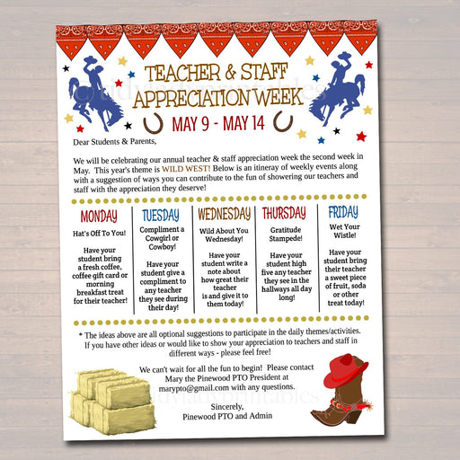 Editable Western Theme Teacher Appreciation Staff Invitation Newsletter, Printable Appreciation Week Events Take Home Flyer INSTANT DOWNLOAD