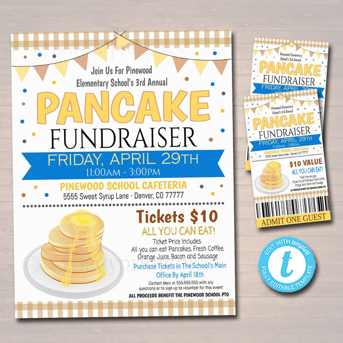Editable Pancake Breakfast Fundraiser Flyer Printable Ticket Set