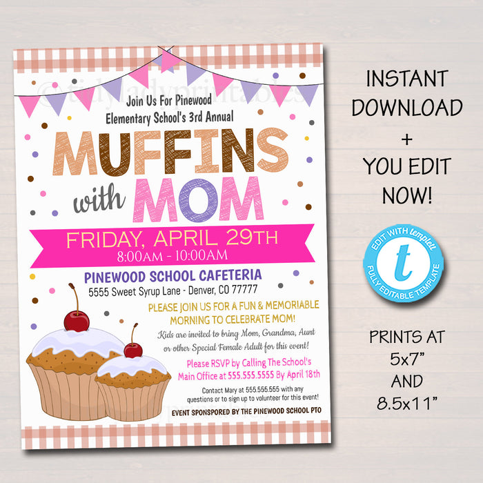 Muffins With Mom Event Invite - Editable Template