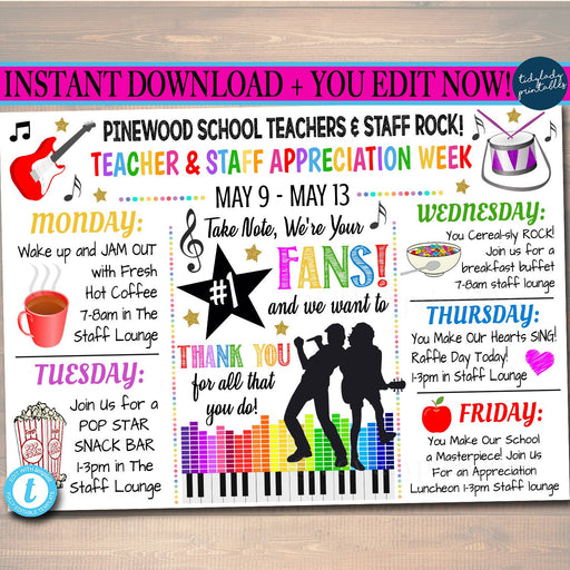 EDITABLE Music You Rock Theme Teacher Appreciation Week Itinerary Poster Digital Week Schedule Events INSTANT DOWNLOAD Fundraiser Printables