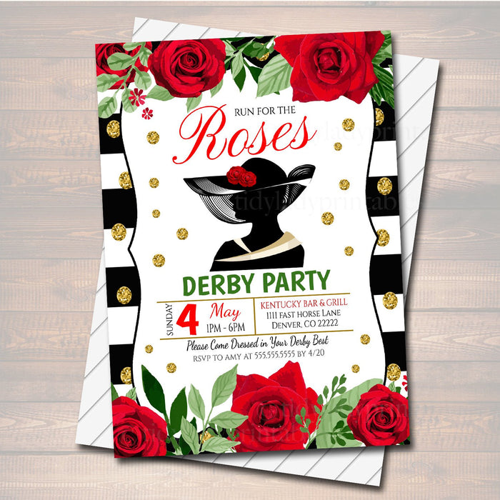 Derby Party Invitation, Red Roses, Bridal Shower Invite, Brunch Engagement Party, Preppy Hat Derby Day Invitation,
