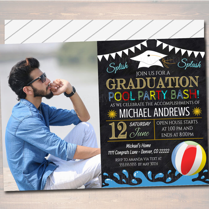 Pool Party Graduation Invitation Chalkboard Printable College Grad Invite Senior High School Grad Party, Grill & Chill BBQ Pool Party Graduation Invitation Chalkboard Printable College Grad Invite Senior High School Grad Party, Grill & Chill BBQ