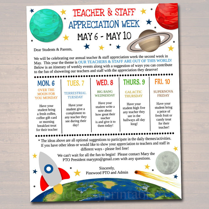 Editable Space Theme Teacher Appreciation Staff Invitation Newsletter, Printable Appreciation Week Events, Take Home Flyer, INSTANT DOWNLOAD