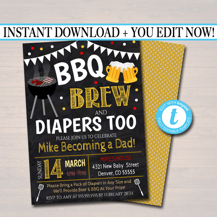 Editable BBQ and Beer Baby Shower Invitation Chalkboard Printable Baby Sprinkle Baby Q, Grill Couples Shower Party Invite INSTANT DOWNLOAD