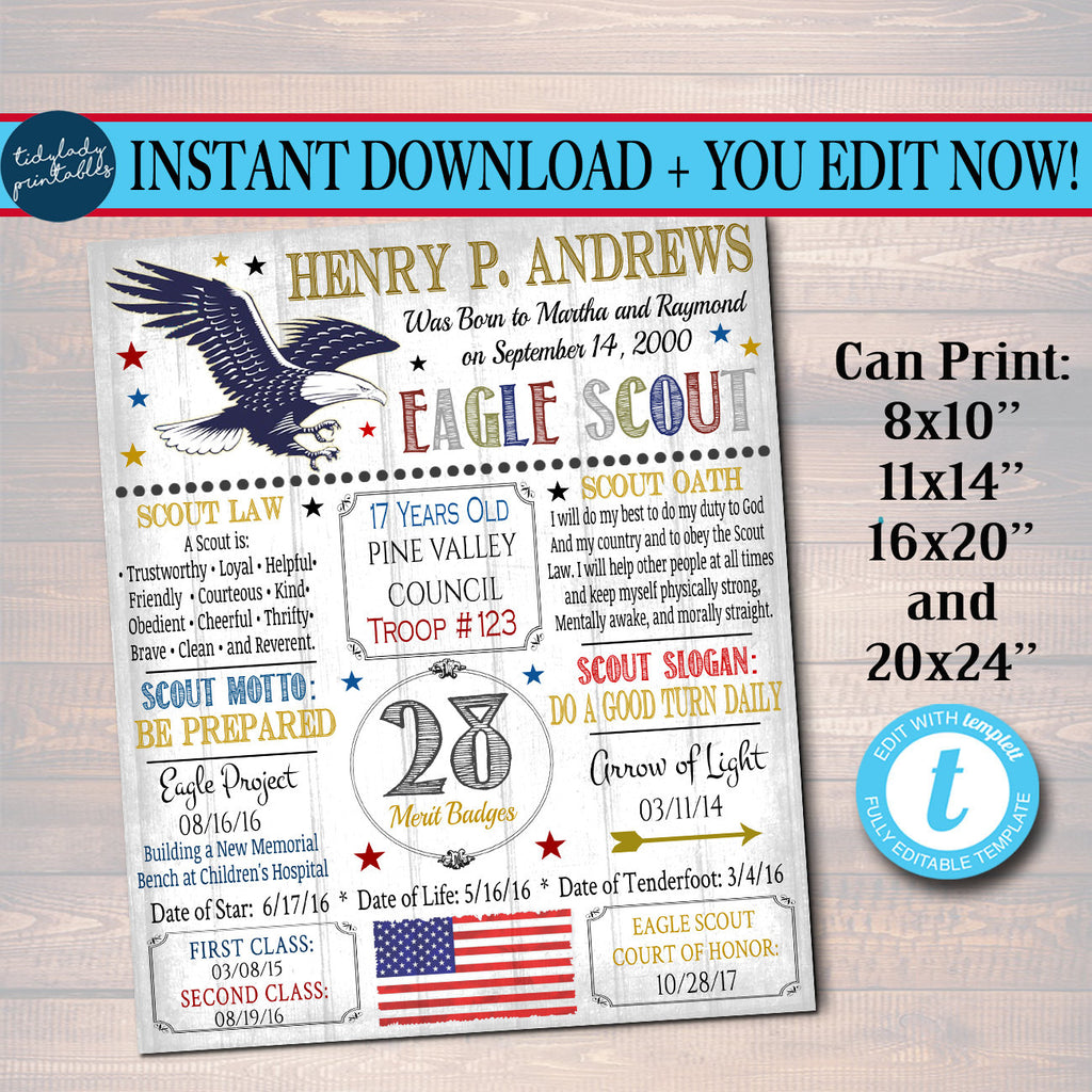 Eagle Scout Court of Honor Chalkboard Sign, Eagle Scout Poster, Person — TidyLady Printables for Free Printable Eagle Scout Cards