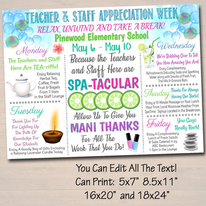 EDITABLE Spa Themed Teacher Appreciation Week Itinerary Poster, Calm Zen Relax Theme, Staff Week Schedule Events Invitation INSTANT DOWNLOAD