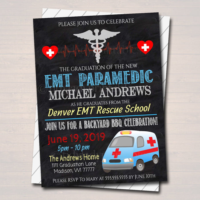 Paramedic EMT Graduation Invitation Chalkboard Printable  College Grad Invite, Retirement Party Ambulance Invite