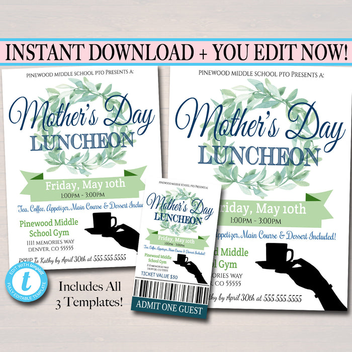 Mother's Day Luncheon Invite, Flyer, And Ticket Set - Editable