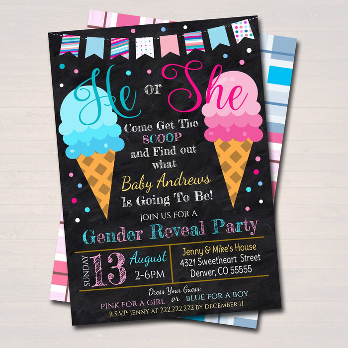 Ice Cream Gender Reveal Summer BBQ Invitation - Editable Template