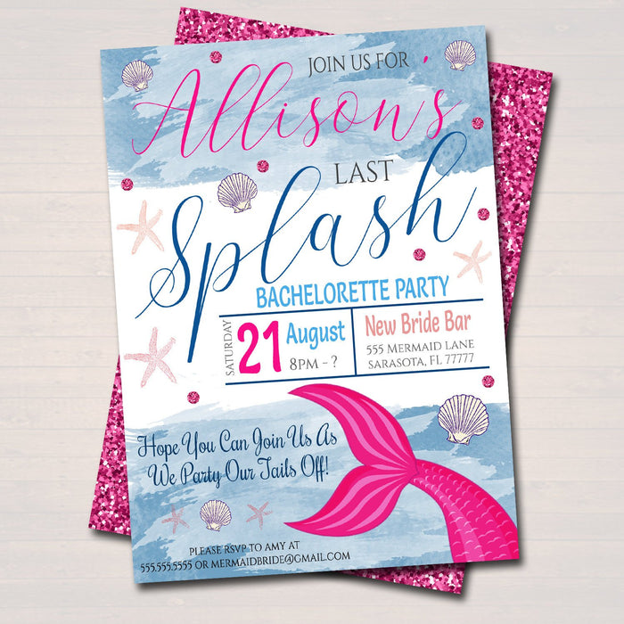Mermaid Bachelorette Party Invitation Glitter Pink Watercolor Beach Party Boho Chic, Last Splash Girl Party Invite