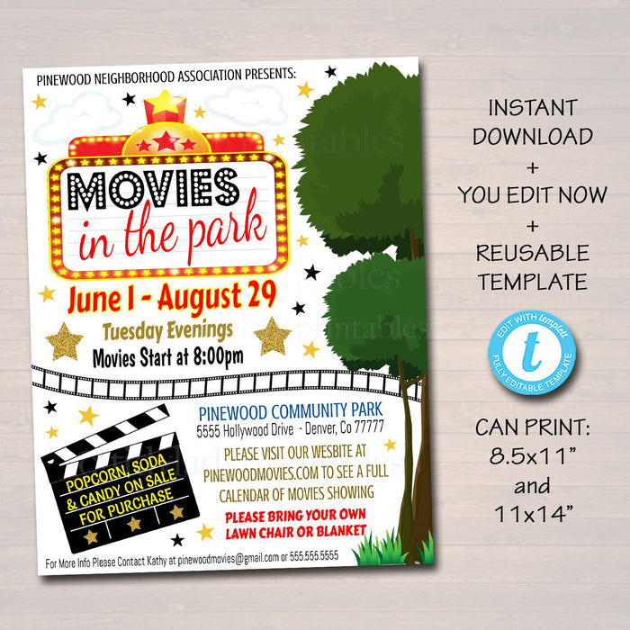 Movie Night Flyer - Movies In The Park Fundraiser Flyer Editable Template