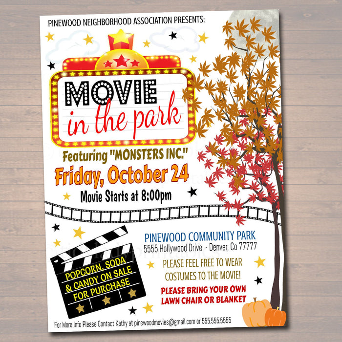 Movie Night Flyer, Printable PTA PTO Flyer, School Church Benefit Fundraiser Outdoor Movies in the Park Poster Printable Invitation