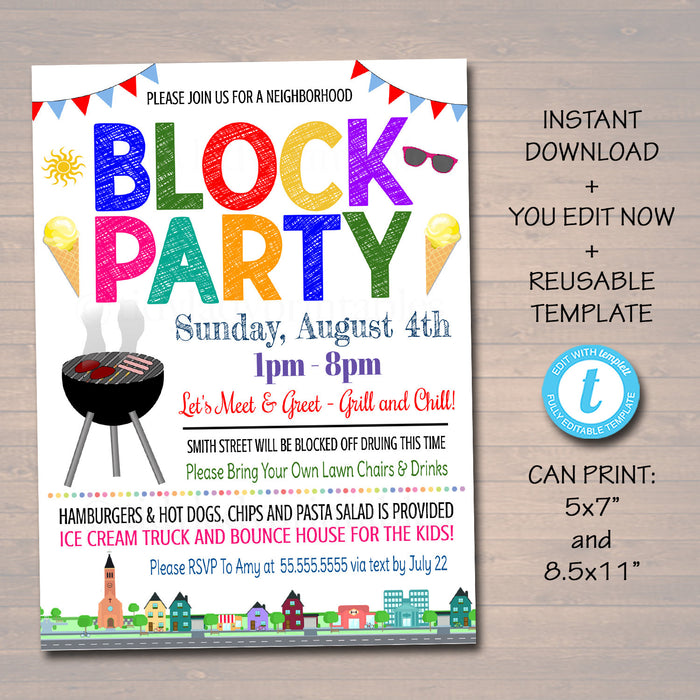 EDITABLE Neighborhood Block Party Invite, Printable Invitation, Bbq Picnic Summer Party, Announcement Card, Digital Flyer, INSTANT DOWNLOAD