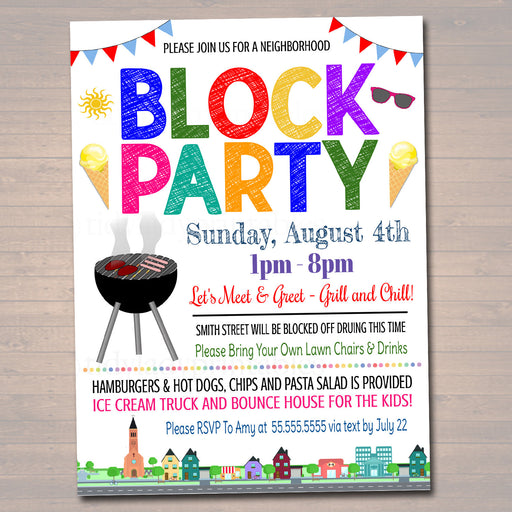 EDITABLE Neighborhood Block Party Invite, Printable Invitation, Bbq Picnic Summer Party, Announcement Card, Digital Flyer, INSTANT DOWNLOAD