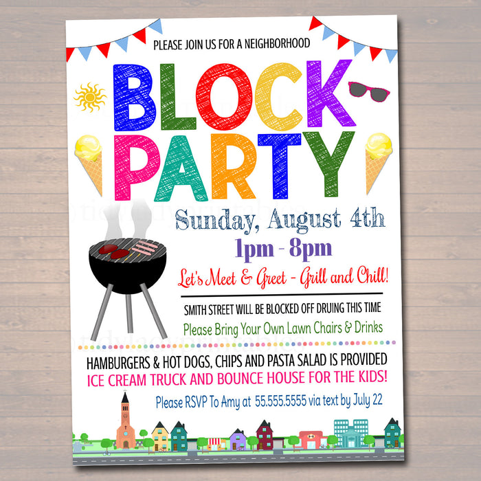 EDITABLE Neighborhood Block Party Invite, Printable Invitation, Bbq Picnic Summer Party, Announcement Card, Digital Flyer, INSTANT DOWNLOAD