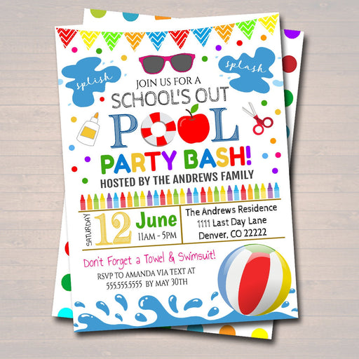 EDITABLE End of School Pool Party Invitation, Printable Digital Invite, Back to School, Backyard bbq Party, Splish Splash, Pool Party Bash