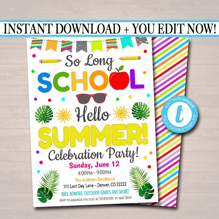 EDITABLE End of School Party Invitation, Printable Digital Invite, Back to School Party, Backyard bbq Party, Teacher Classroom Party Bash