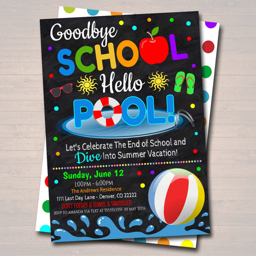EDITABLE End of School Pool Party Invitation, Printable Digital Invite, Goodbye School Hello Pool Party, Backyard bbq Invite, Splish Splash