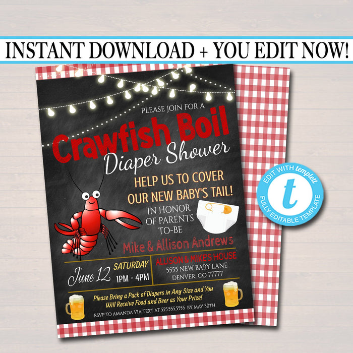 Editable Crawfish Boil Beer Baby Shower Invitation Chalkboard Printable, Crayfish Couples Dad Diaper Shower Party Invite INSTANT DOWNLOAD