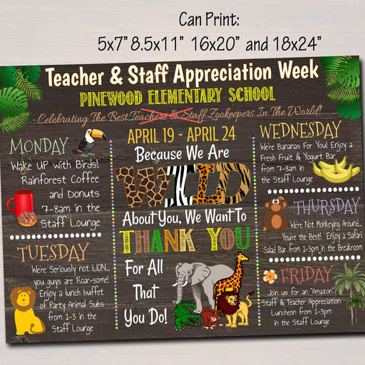 EDITABLE Jungle Themed Teacher Appreciation Week Itinerary Poster Zoo Theme Appreciation Week Schedule Events INSTANT DOWNLOAD Printable
