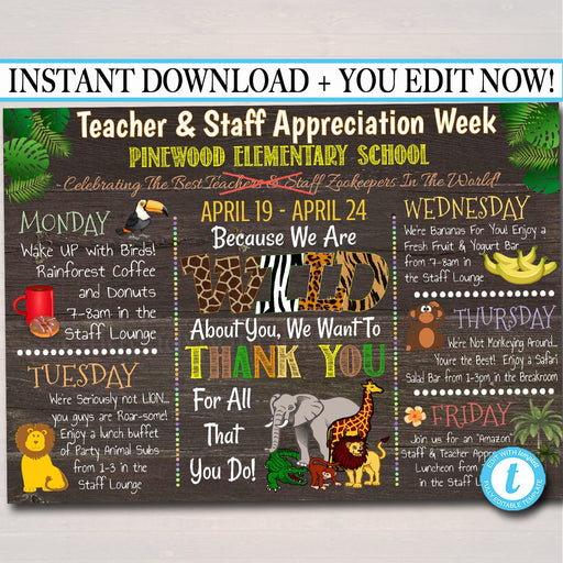 EDITABLE Jungle Themed Teacher Appreciation Week Itinerary Poster Zoo Theme Appreciation Week Schedule Events INSTANT DOWNLOAD Printable