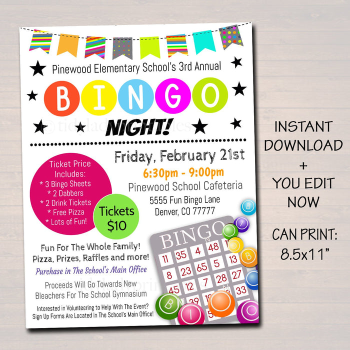 Bingo Night Printable Flyer Set With Ticket - Editable