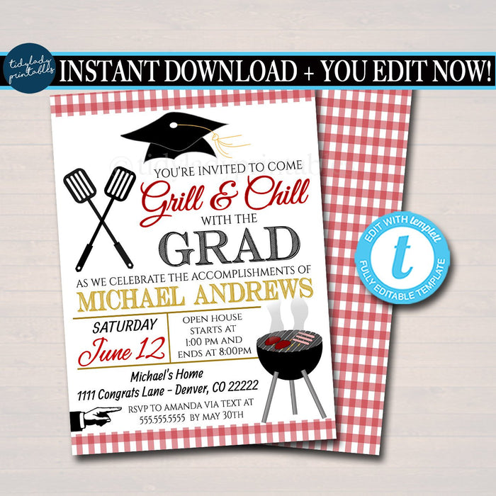 BBQ Graduation Invitation Chalkboard Printable  College Grad Invite, Guy, Man Senior Grad Party, Grill & Chill BBQ Invite