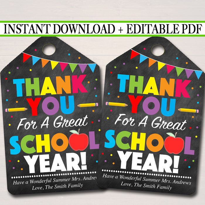 Thank You Tags, Teacher Appreciation Thank You Note,  Printable Chalkboard Tags, End Of School Year Teacher Gifts