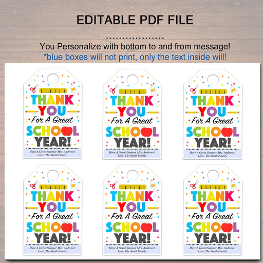 EDITABLE Thank You Tags, Teacher Appreciation Thank You Note, INSTANT DOWNLOAD Printable Principal Staff, End Of School Year Teacher Gifts