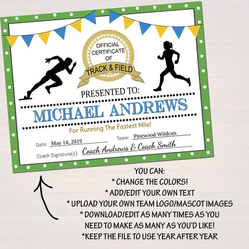 EDITABLE Track & Field Award Certificates, INSTANT DOWNLOAD, Track Awards, Track Party Printable, Printable Award Sports Runner Certificates