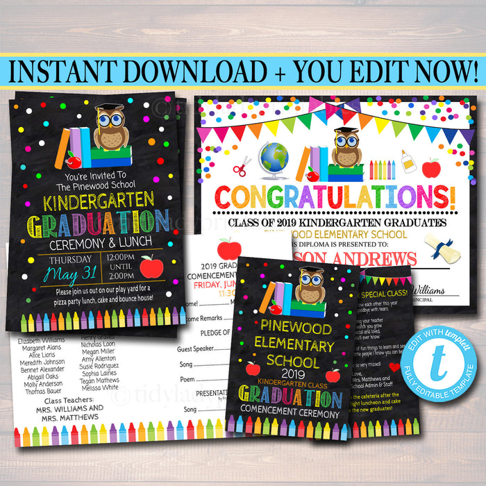 School Graduation Ceremony Set - Invitation, Program Template, Diploma Certificate ANY GRADE