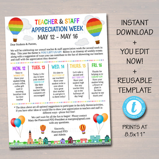 Editable Up Theme Teacher Appreciation Staff Invitation Newsletter, Printable Appreciation Week of Events, Take Home Flyer, INSTANT DOWNLOAD