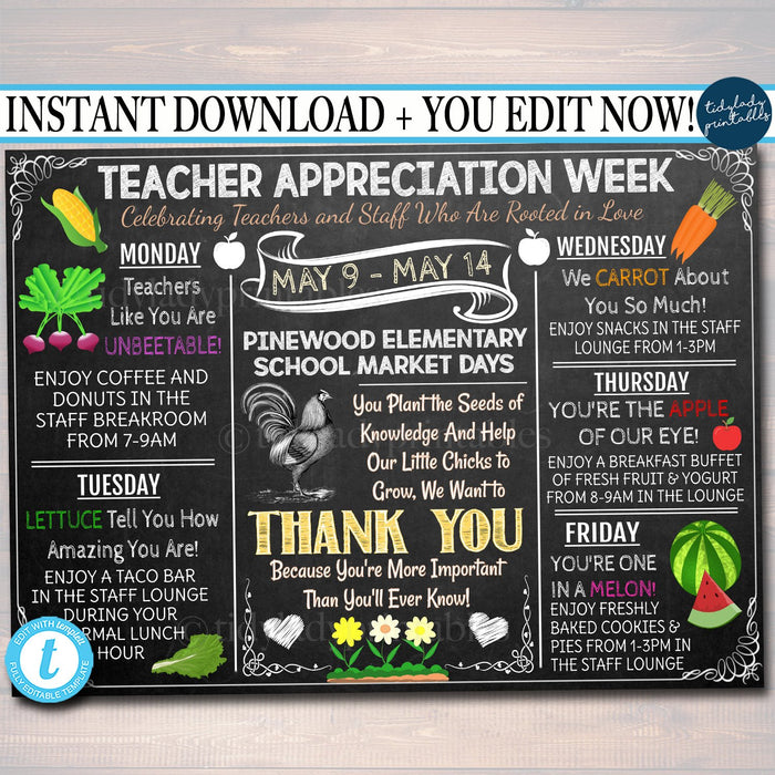 EDITABLE Farmers Market Themed Teacher Appreciation Week Itinerary Poster Farm Appreciation Week Schedule Events, INSTANT DOWNLOAD Printable