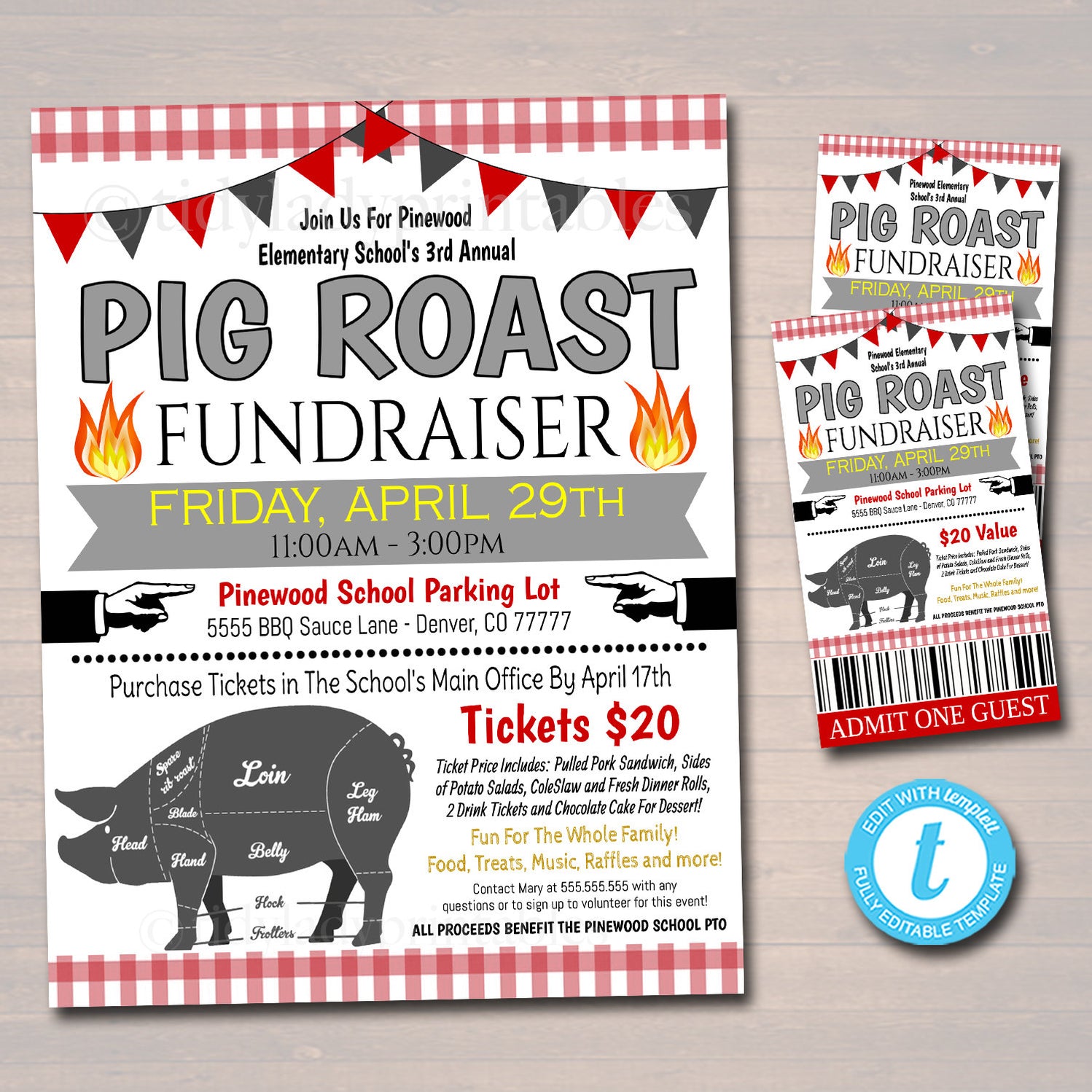 Pig Roast Fundraiser Printable Flyer Ticket Poster Set — TidyLady ...