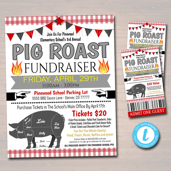 Editable Pig Roast Fundraiser Printable Flyer Ticket Poster Set