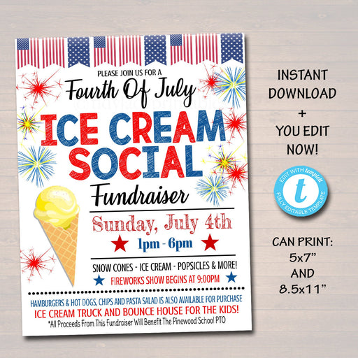 EDITABLE Patriotic Ice Cream Social, Block Party Invite, Fundraiser Summer Party, 4th of July, Memorial Day Flyer Printable INSTANT DOWNLOAD