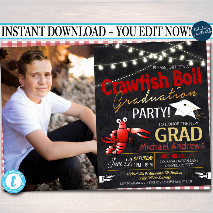 Graduation Crawfish Boil Invitation, Picnic Seafood Lobster Shrimp Boil, BBQ Backyard Party High School College Graduation Invite