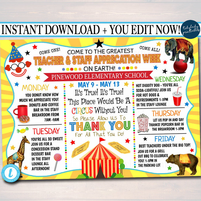 EDITABLE Circus Themed Teacher Appreciation Week Itinerary Poster Big Top Theme Appreciation Week Schedule Events INSTANT DOWNLOAD Printable