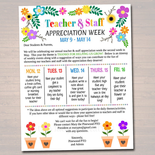 Editable Floral Bloom Theme Teacher Appreciation Invitation Newsletter Printable Appreciation Week Events Take Home Flyer INSTANT DOWNLOAD
