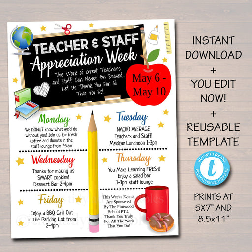 Editable Teacher Appreciation Staff Invitation Family Newsletter, Printable Appreciation Week of Events, Take Home Flyer, INSTANT DOWNLOAD