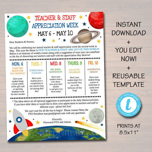 Editable Space Theme Teacher Appreciation Staff Invitation Newsletter, Printable Appreciation Week Events, Take Home Flyer, INSTANT DOWNLOAD