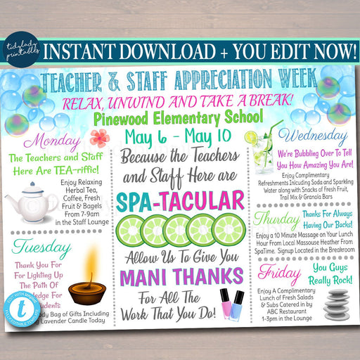 EDITABLE Spa Themed Teacher Appreciation Week Itinerary Poster, Calm Zen Relax Theme, Staff Week Schedule Events Invitation INSTANT DOWNLOAD