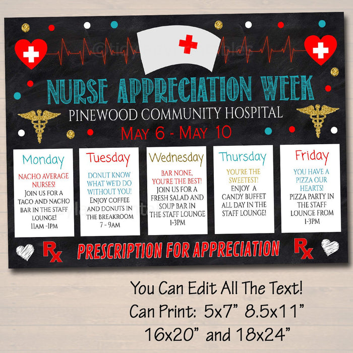 EDITABLE Nurses Appreciation Week Itinerary Poster, Heart Medical National Nurses Week Itinerary Schedule Events INSTANT DOWNLOAD Printable