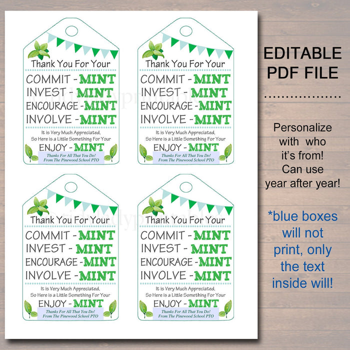 Printable Thank You Tags, Volunteer Mint Labels, Printable, INSTANT + EDITABLE, Thank You Gift, PTA Staff Gift Appreciation Mint Favor Label