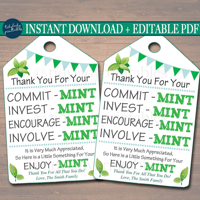 Printable Thank You Tags, Volunteer Mint Labels, Printable, INSTANT + EDITABLE, Thank You Gift, PTA Staff Gift Appreciation Mint Favor Label