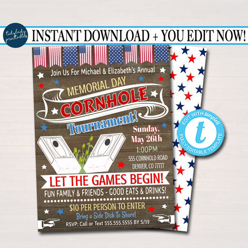 EDITABLE Summer Cornhole Invite Printable 4th of July Memorial Labor Day Celebration Party Invitation Digital American Summer Backyard Party