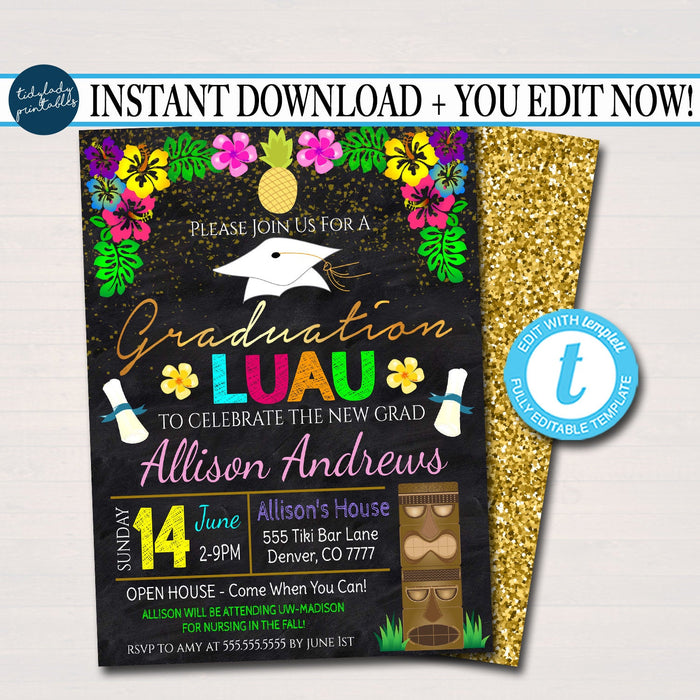 Luau Graduation Invitation, Chalkboard Printable College Graduate Tropical Invite, High School Senior Graduate