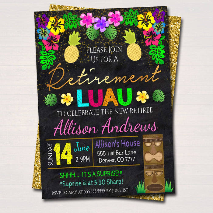 Luau Retirement Invitation Chalkboard Printable Teacher Nurse Retirement Tropical Invite Surprise Retirement Party